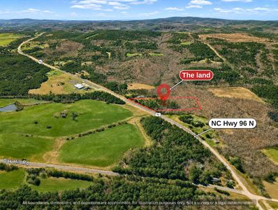 Aerial of 5.4 wooded acres on paved NC Hwy 96 north of Oxford in Granville County, NC