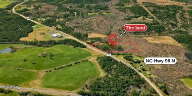 Aerial of 5.4 wooded acres on paved NC Hwy 96 north of Oxford in Granville County, NC