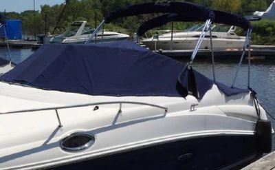 2006 Sea Ray 240 Sundancer Cockpit Cover with Bimini and Camper Frame Cutouts in Captain Navy.