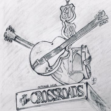 The legendary crossroads at Clarksdale, Mississippi. Pencil drawing.