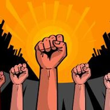 Raised fists symbolize unity and resistance.