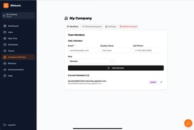 Company settings page with team member management interface.