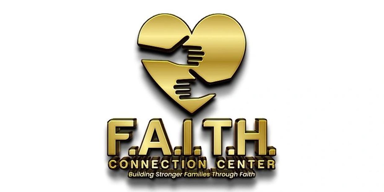 Gold logo of F.A.I.T.H. Connection Center with hugging hands inside a heart.