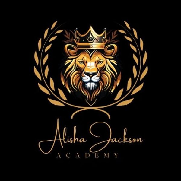 A crowned lion logo with laurel wreath and 'Alisha Jackson Academy' text.