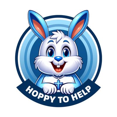 Friendly cartoon bunny with a cross necklace and the phrase 'Hoppy to Help'.