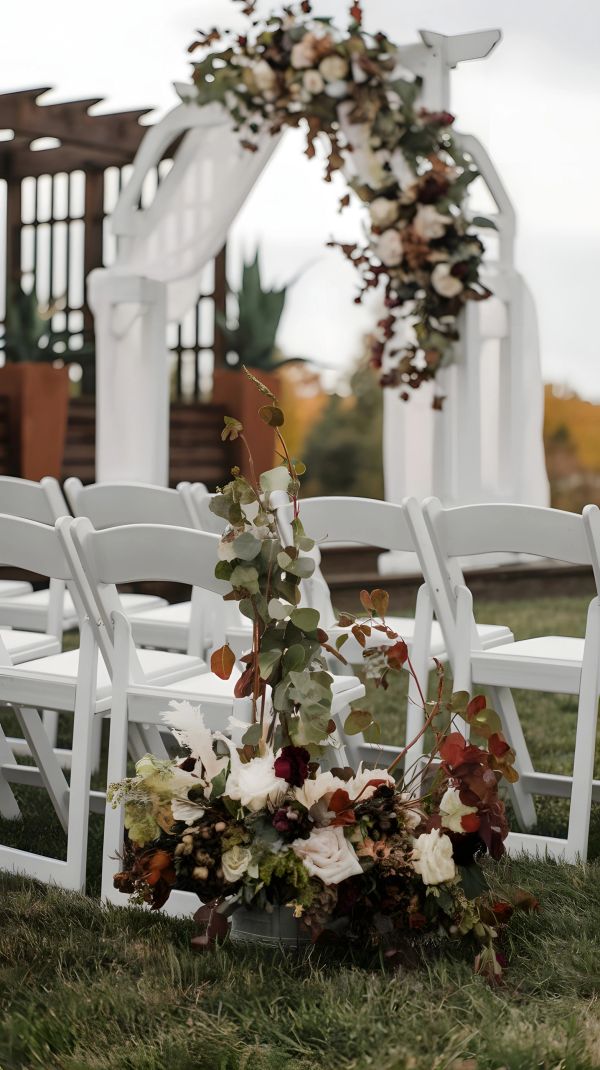 Outdoor wedding setup with white chairs and floral decorations.