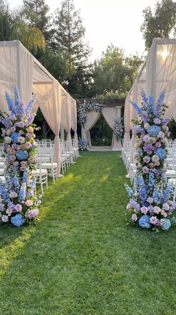 Elegant outdoor wedding setup with floral decorations.