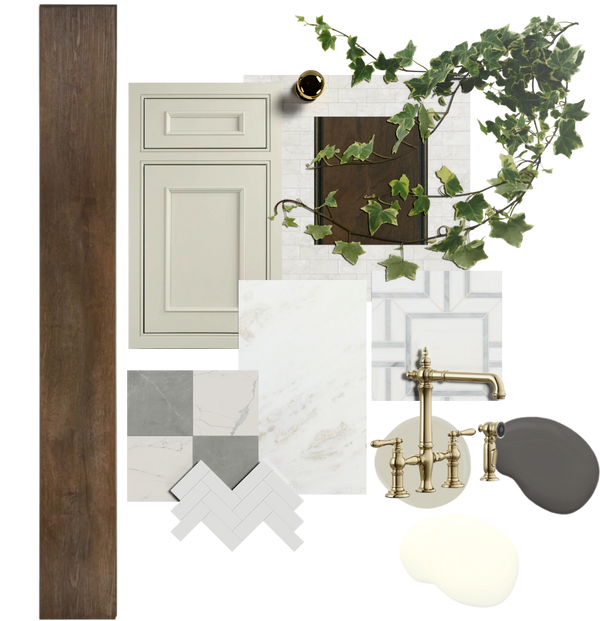 Interior design mood board with wood, marble, brass fixtures, and greenery.