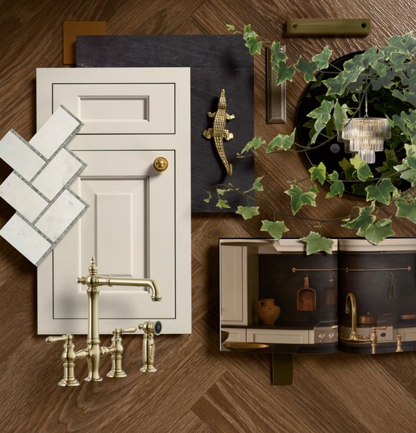 Elegant kitchen design elements with brass fixtures on wood background.