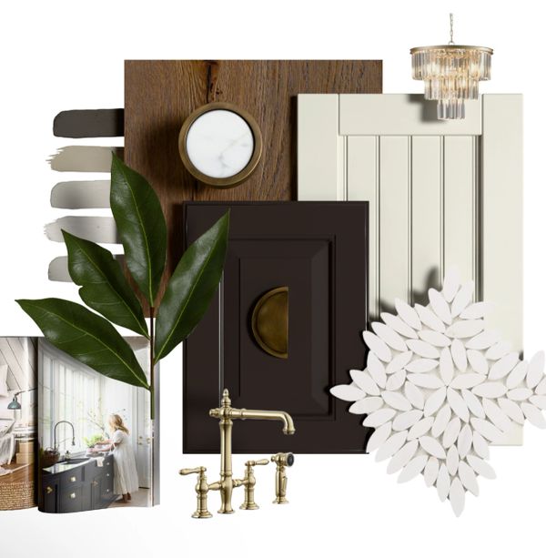 Interior design mood board with dark cabinetry, brass fixtures, and natural elements.