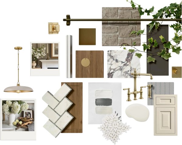 Interior design mood board with brass fixtures, marble tiles, wood samples, and neutral paint swatches.