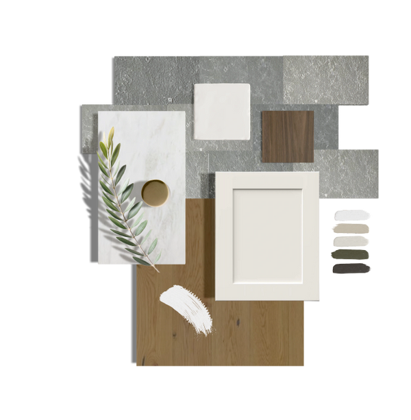 A neutral-toned interior design palette with wood, stone, and white elements.