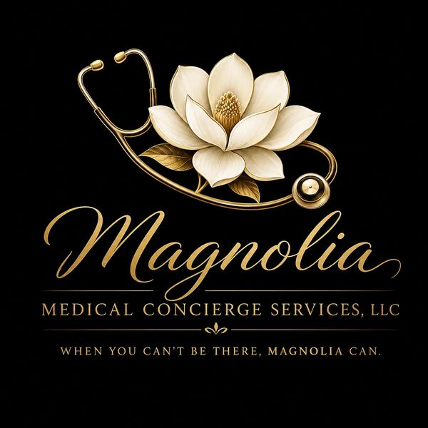 Elegant gold magnolia flower and stethoscope logo for a medical concierge service.