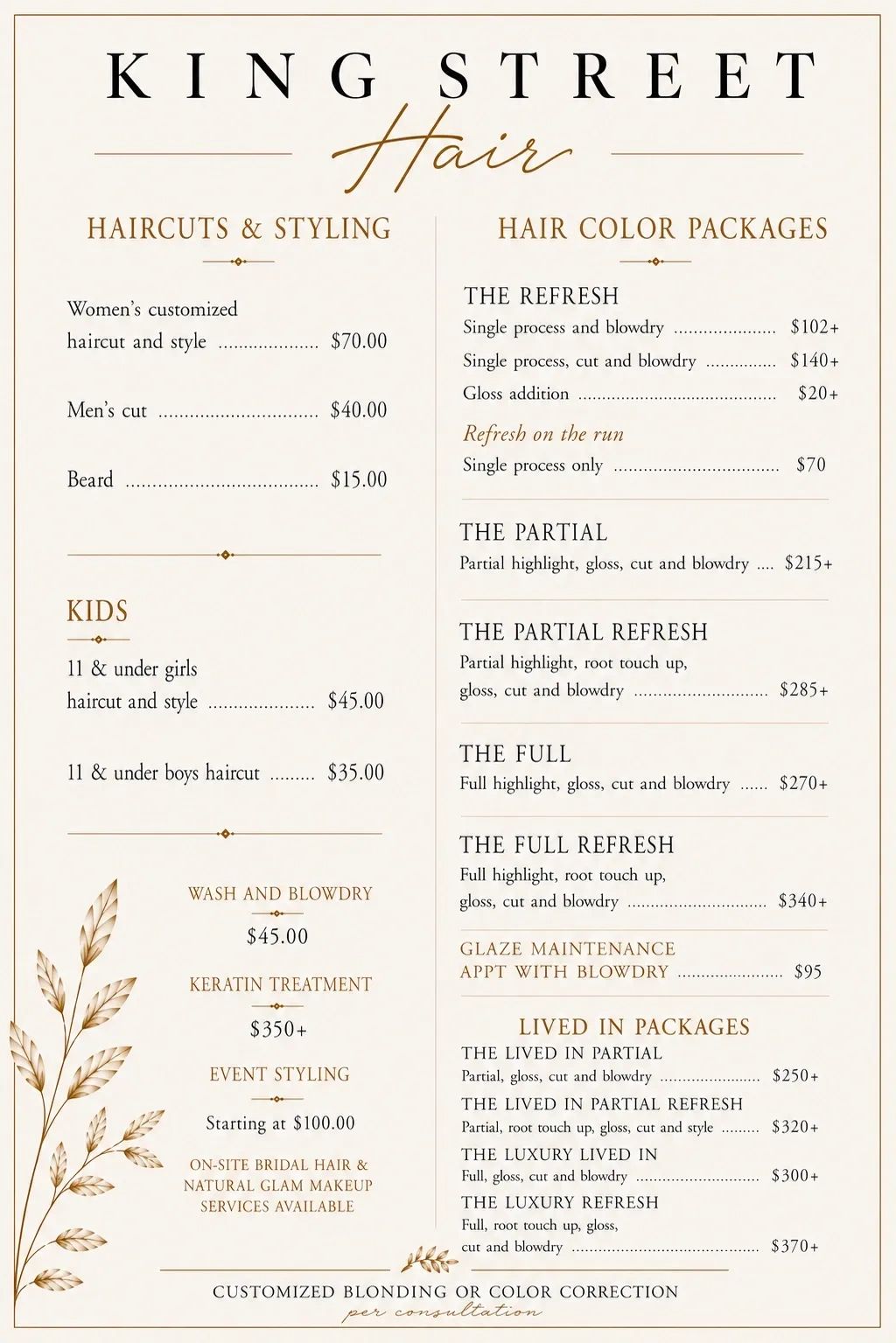 Elegant King Street Hair salon menu with haircuts, styling, and color packages.