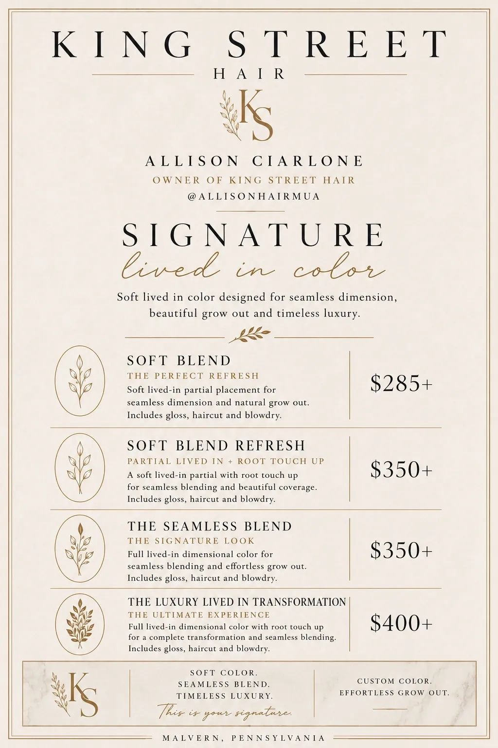 King Street Hair offers signature soft lived-in color services with seamless blends and luxurious transformations.