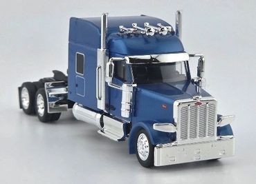 Blue semi-truck model with chrome details and six wheels.