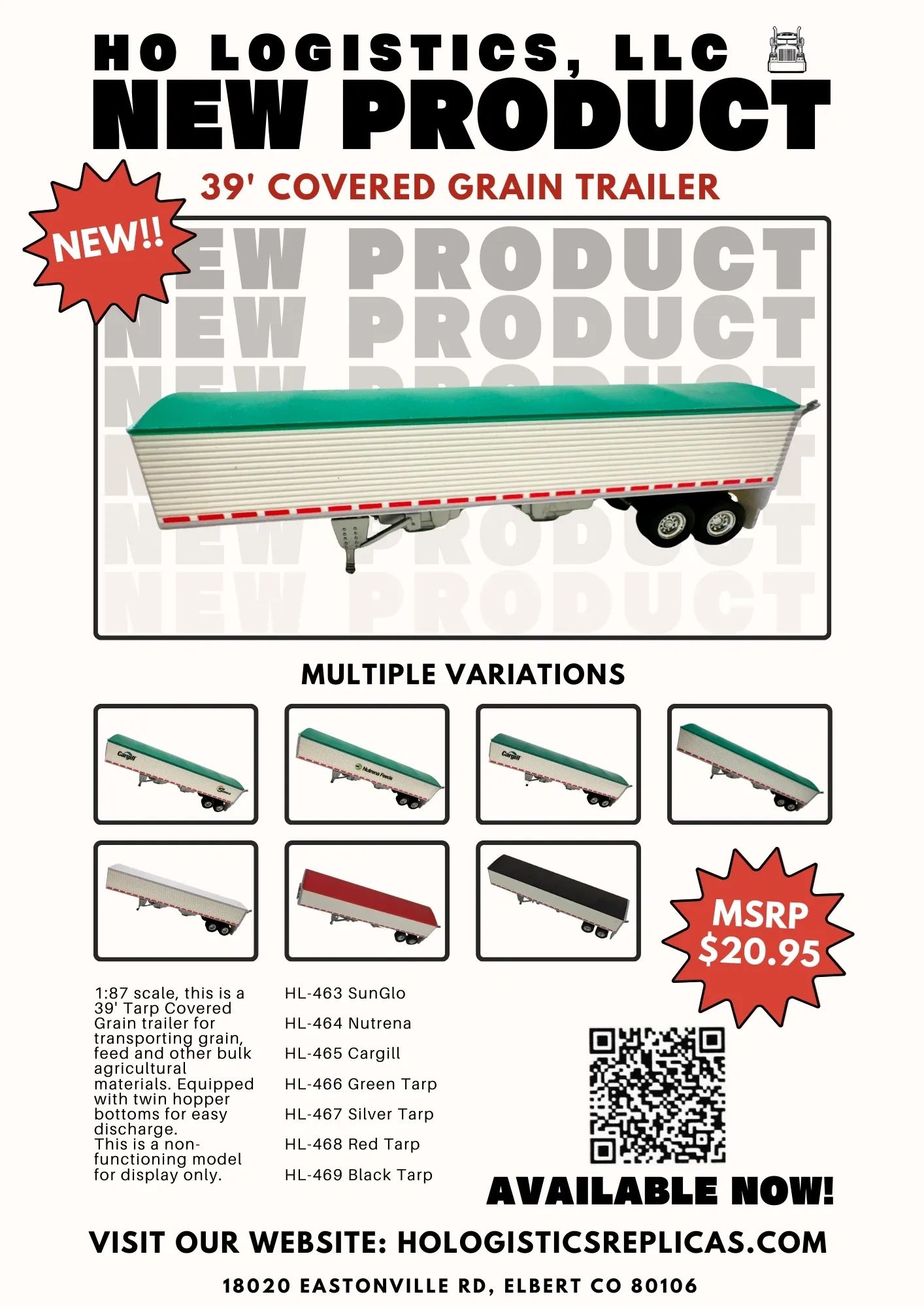 Advertisement for a new 39' covered grain trailer model by HO Logistics, LLC with multiple tarp color variations.