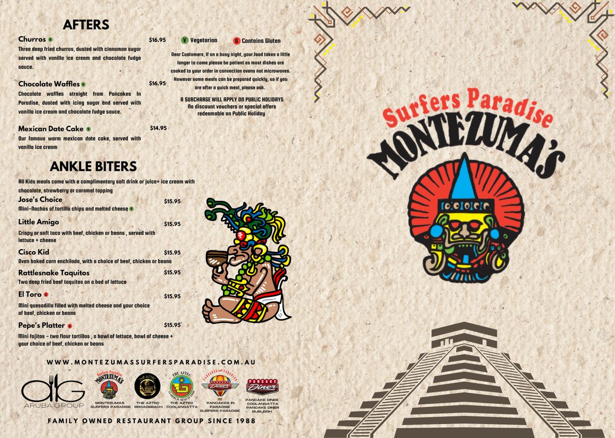 Montezuma's Surfers Paradise dessert and kids menu with colorful Aztec-themed design.