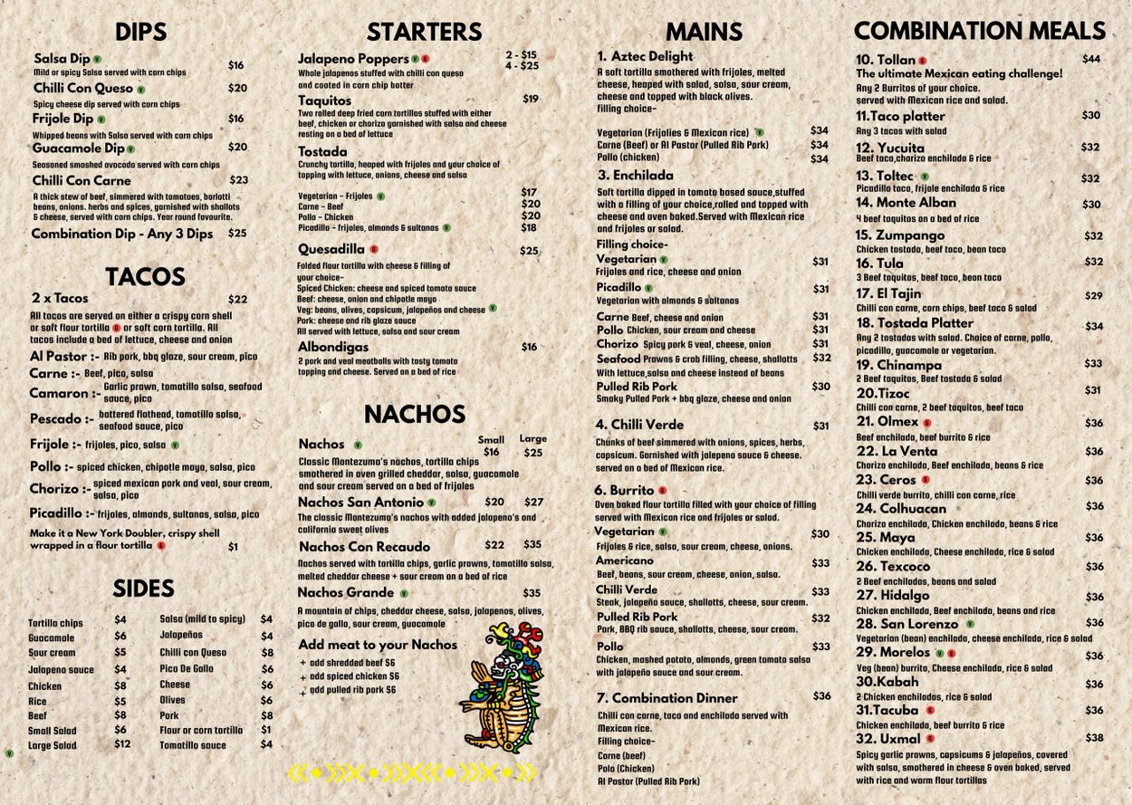 Detailed Mexican menu with dips, tacos, starters, mains, and combination meals.