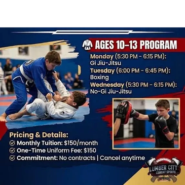Martial arts training program schedule for ages 10-13 with pricing details.