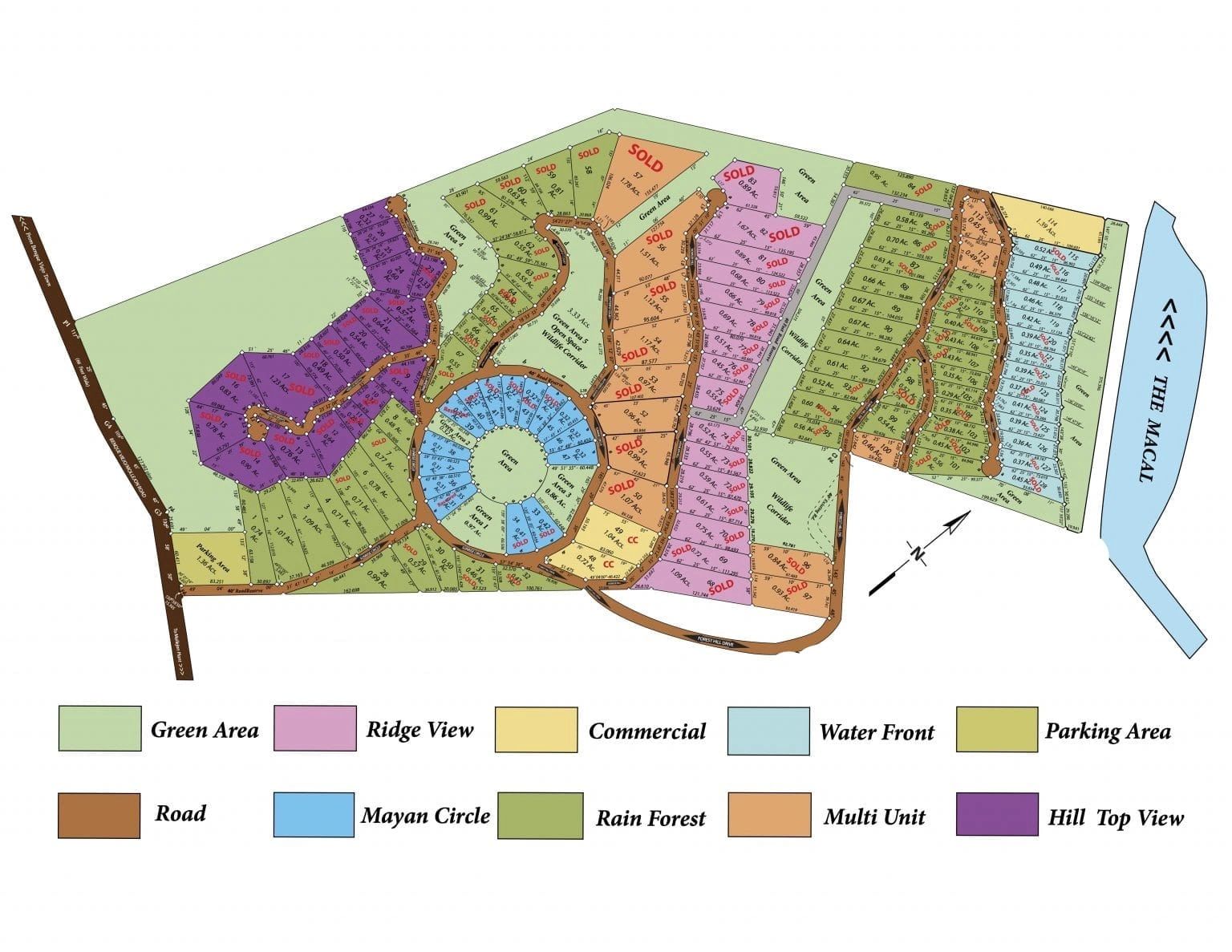 Color-coded plot layout map showing sold areas and different zones.