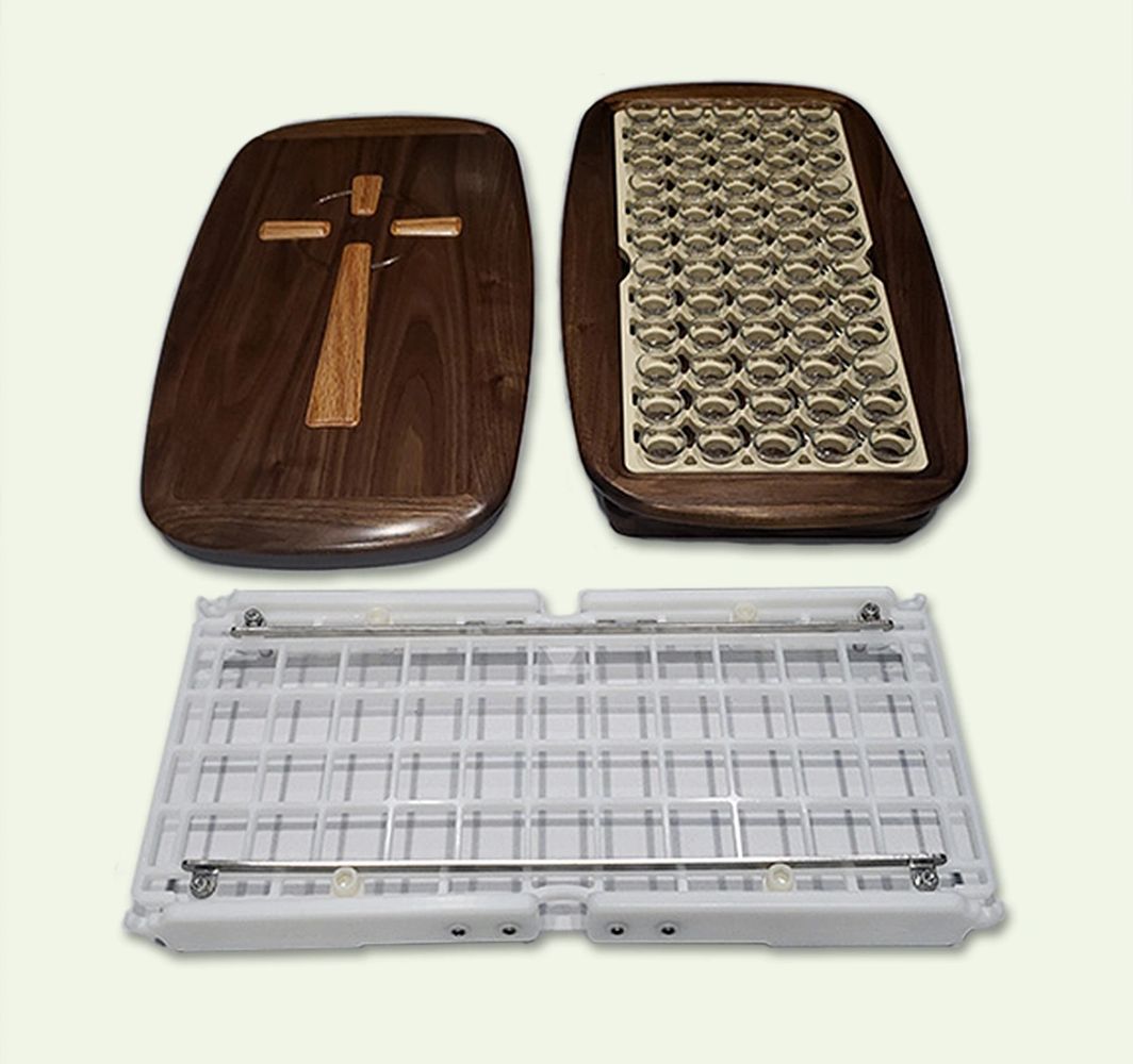 Image of Saint Savers TM washer rack, wooden serving tray and glass communion glasses.