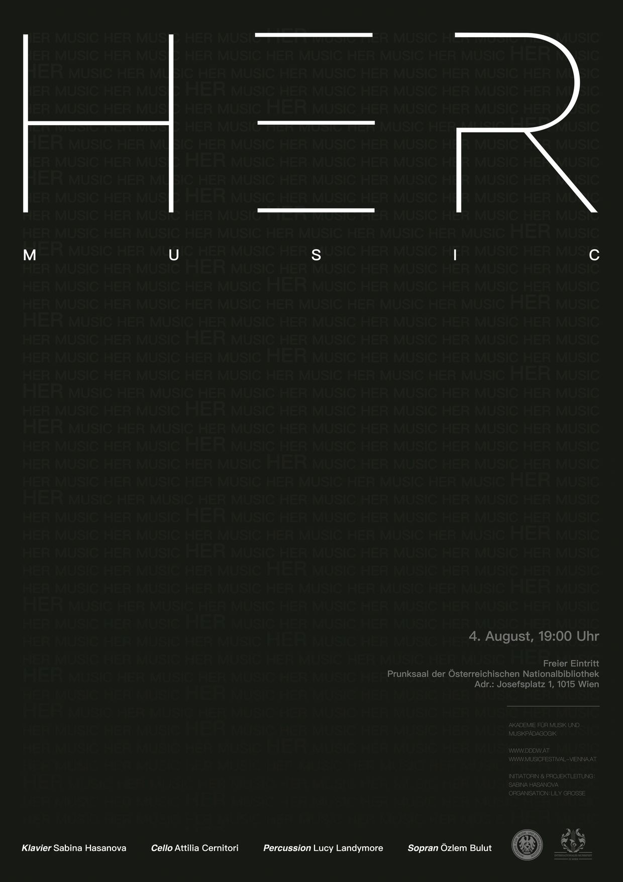 Minimalist poster for HER Music event on August 4th in Vienna.