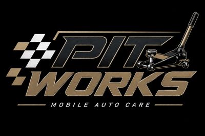 Logo of Pit Works Mobile Auto Care with a jack and checkered flag design.