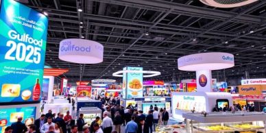 Expo Gulfood 2025 con multitudes y stands tecnológicos.