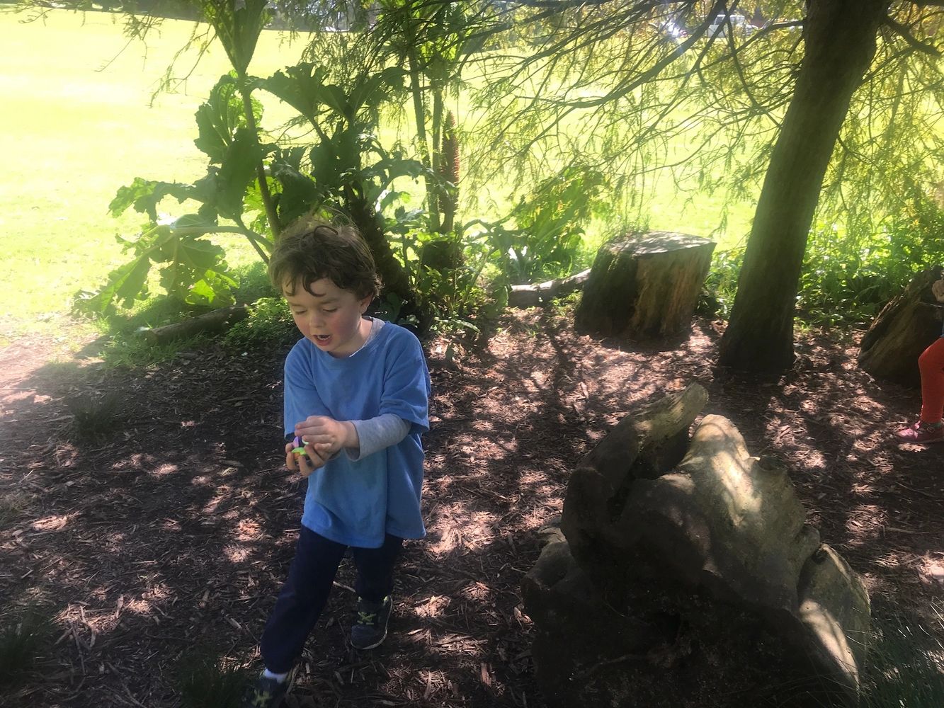 A young boy playing outdoors under trees, holding a toy.