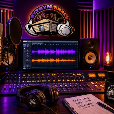 Music studio setup with audio equipment and a notebook.