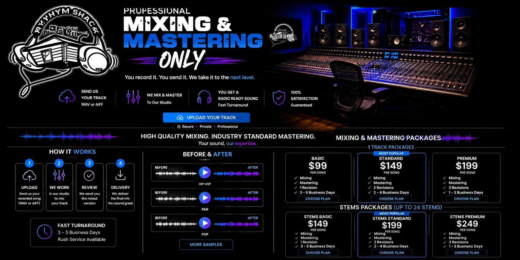 Professional mixing and mastering service with fast turnaround and satisfaction guarantee.