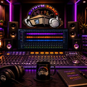 Music studio with mixing console and Rhythym Shack logo.