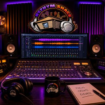 Music studio mixing console with headphones and motivational notes.
