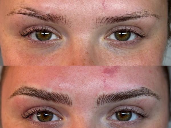 Before and after eyebrow grooming and shaping.