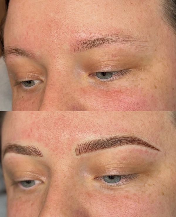 Before and after eyebrow microblading on a person's face.