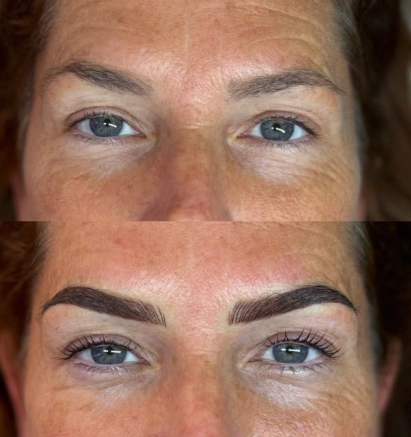 Before and after eyebrow microblading transformation.