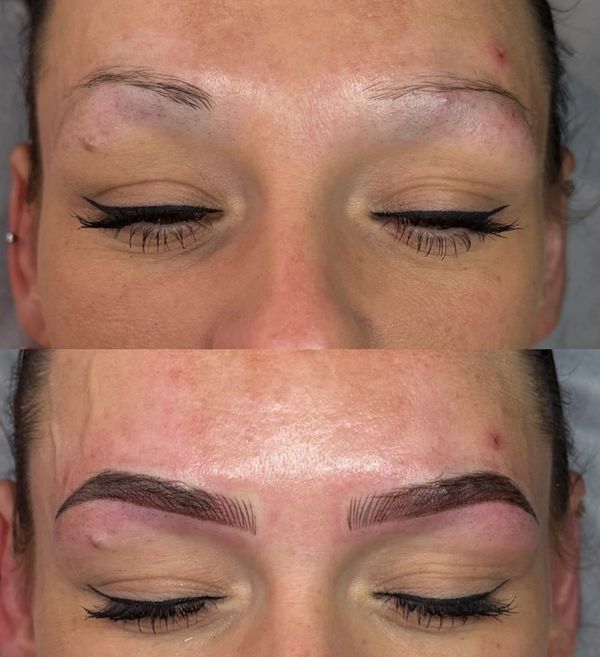 Before and after eyebrow microblading transformation.