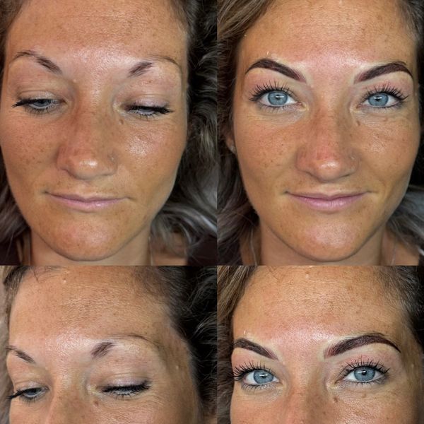 Before and after eyebrow transformation on a woman's face.