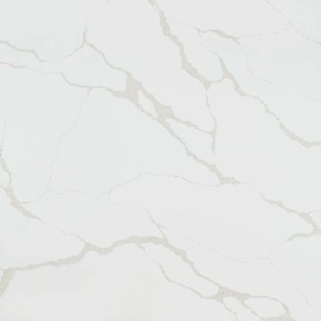 Ripieno quartz has a white background taupe veining varies from fine to thick to mimic a Calacatta