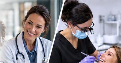 Female dentists treating patients in a clinic.