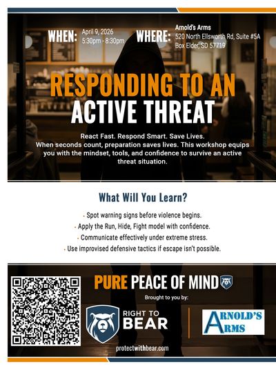 Flyer for a workshop on responding to active threats at Arnold's Arms on April 9, 2026.