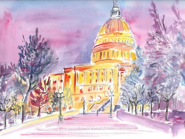 Watercolor painting of a glowing Capitol building at dusk with purple trees.