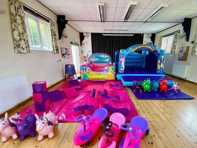 Unicorn bouncy castle with princess ball pool and soft play to hire in Bournemouth and Poole.