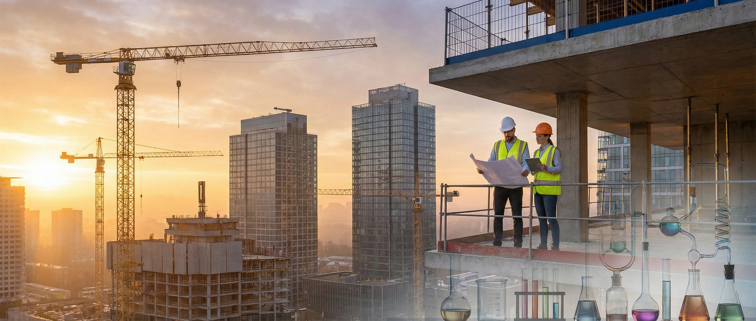 Engineers review plans on a high-rise construction site at sunset with cityscape in background.
