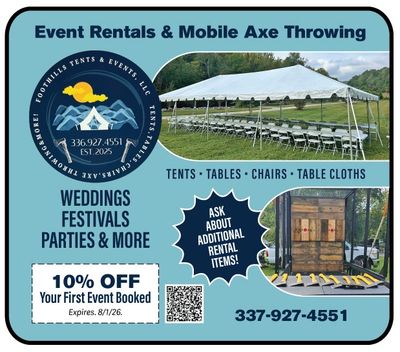 Foothills Event Rentals & Axe Throwing Mt Airy, Pilot Mountain, Elkin, King exclusive coupons