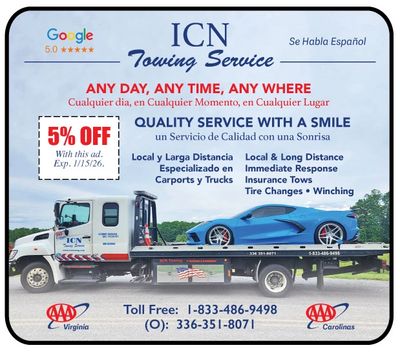 ICN Towing Mount Airy, Pilot Mountain, Elkin, and surrounding areas  exclusive coupons only here