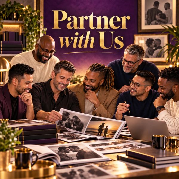 Group of men collaborating over photo albums under 'Partner with Us' sign.