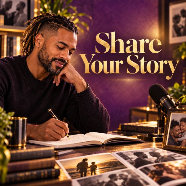 Man writing in a journal with 'Share Your Story' text.