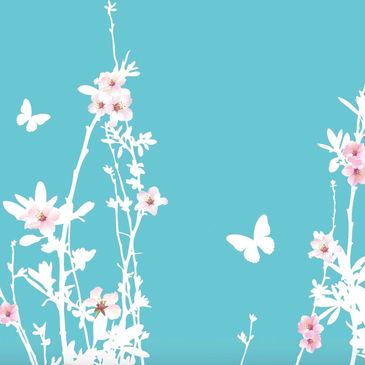White silhouettes of branches with pink flowers and butterflies on a turquoise background.